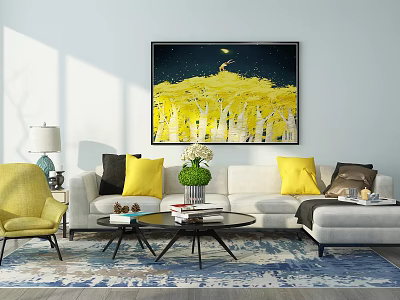 White Sofa and Black Coffee Table Set with Yellow Cushions Abstract Painting and Area Rug 3d model