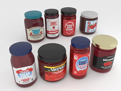 Assorted Strawberry Jam Jars With Red Contents And Colorful Lids 3d model