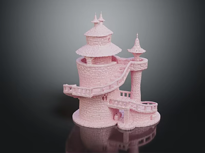 Detailed Pink Castle Building Model With Towers Staircase And Balcony Design 3d model