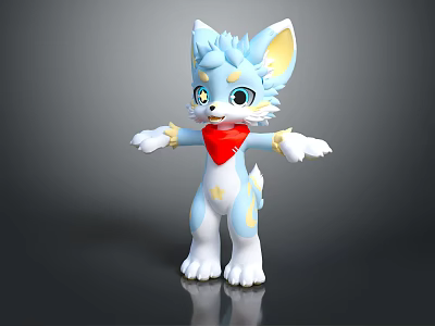 Cute 3D Cartoon Creature Blue White Yellow With Red Heart Star Eyes Standing Open Arms 3d model