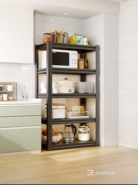Modern Kitchen Multi Tiered Shelf With Microwave Pots Dishes And Storage Containers 3d model 