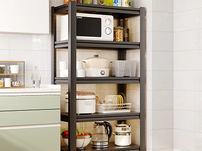 Modern Kitchen Multi Tiered Shelf With Microwave Pots Dishes And Storage Containers 3d model
