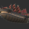 Vintage Wooden Ship With Red Sails Multiple Masts And Decorative Details