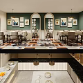 Stylish Restaurant Interior With Green Walls Arched Decor Plate Wall Pendant Lights And Geometric Floor Tiles