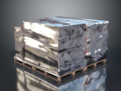 Silver Foil Wrapped Cube Package for Household Supplies on Wooden Pallet 3d model