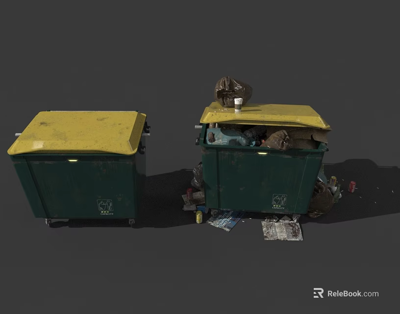 Green Waste Bins With Yellow Swing Doors And Scattered Trash Around 3d model 