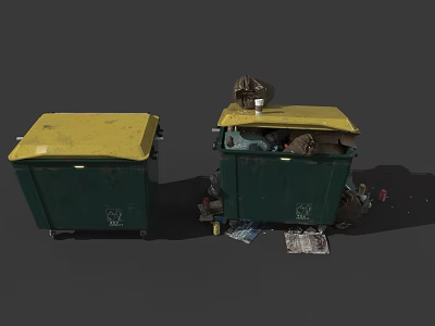Green Waste Bins With Yellow Swing Doors And Scattered Trash Around 3d model