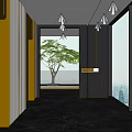 Modern Interior Hallway With Large Windows City View And Potted Tree On Marble Floor 3d model