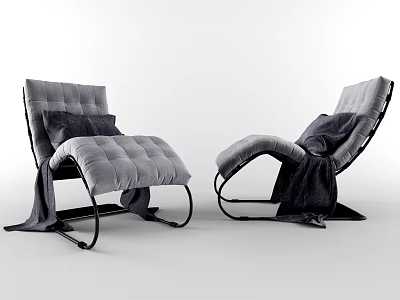 Gray Padded Lounge Chairs With Black Metal Legs And Dark Blanket 3d model