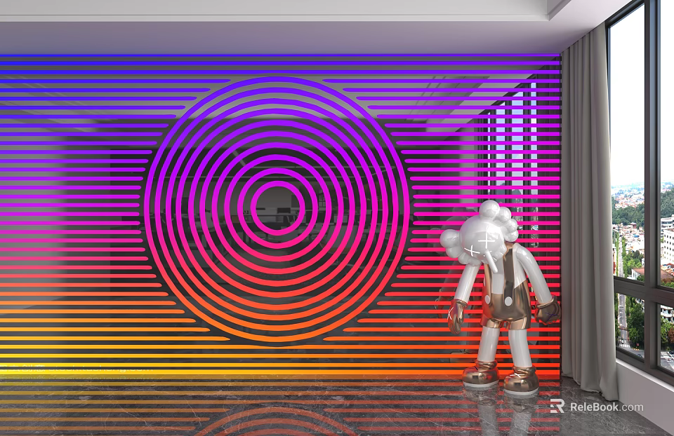Colorful Striped Background Wall With Concentric Circle Pattern And Cartoon Bear Sculpture 3d model 