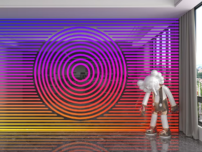 Colorful Striped Background Wall With Concentric Circle Pattern And Cartoon Bear Sculpture 3d model