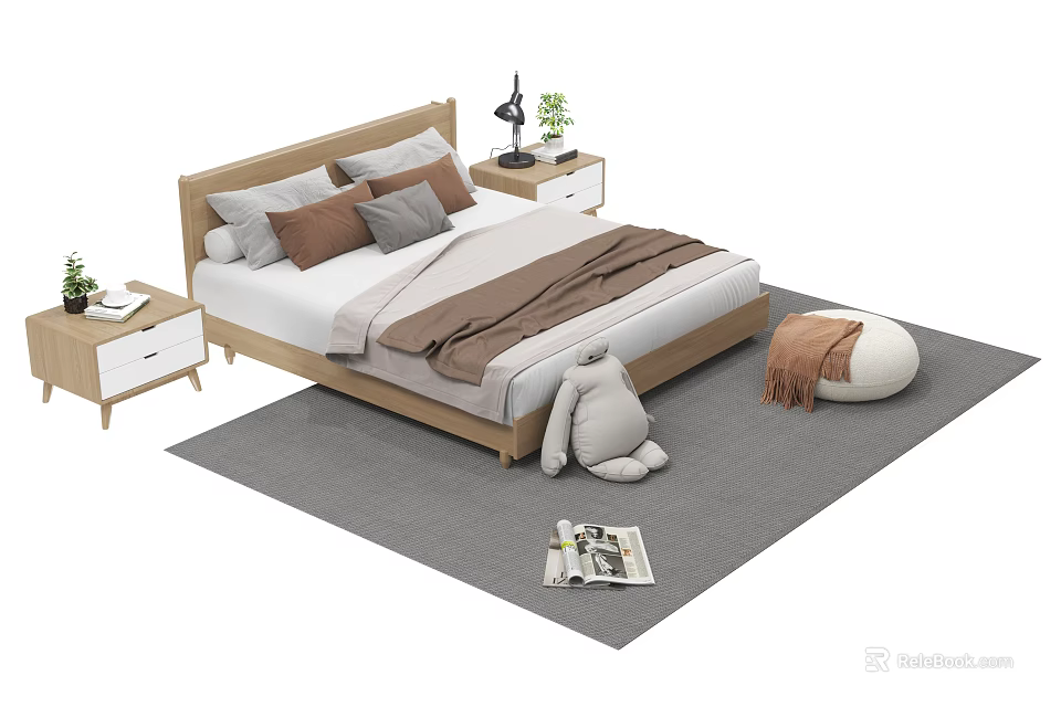 Double Bed Interior With Wooden Frame Pillows Nightstands Gray Carpet Stuffed Toy And Magazine 3d model 