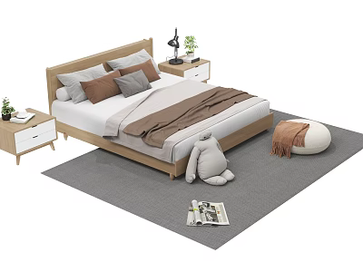 Double Bed Interior With Wooden Frame Pillows Nightstands Gray Carpet Stuffed Toy And Magazine 3d model