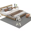 Double Bed Interior With Wooden Frame Pillows Nightstands Gray Carpet Stuffed Toy And Magazine