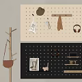 Pegboard Wall Decor With White Black Panels Hanging Hats Bags Headphones And Storage Shelves