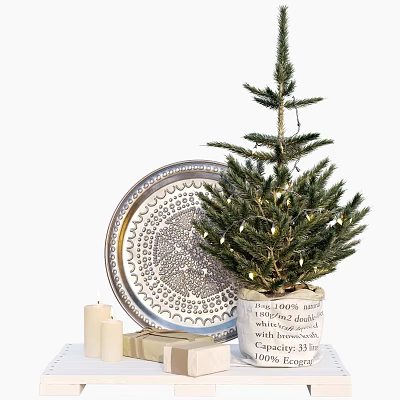 Festive Christmas Tree With String Lights Decorative Pot Silver Tray Candles And Books 3d model