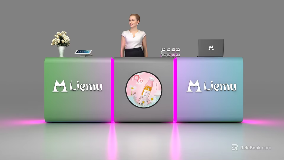 Miemu Reception Desk With Green Blue Gradient Purple Lighting Flower Vase And Laptop 3d model 