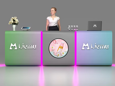 Miemu Reception Desk With Green Blue Gradient Purple Lighting Flower Vase And Laptop 3d model
