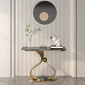 Modern Console Table With Golden Curved Base Blue Patterned Glass Top Decorative Bird And Books