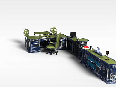 Modern Office Area With Dark Blue Storage Cabinets Green Desktop Office Chairs Computer 3d model