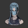 3D Model Woman with Blue Gray Braided Hair and Light Face Paint in Dark Turtleneck