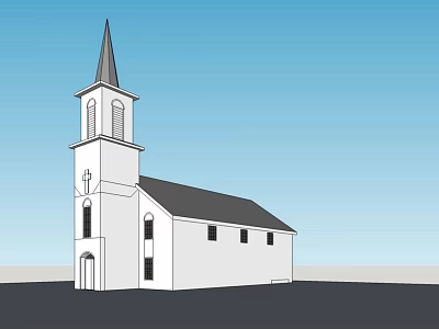 Historic Building With White Exterior Tall Steeple Tower Gabled Roof And Classic Windows 3d model