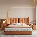 Beige Upholstered Double Bed in Modern Cozy Bedroom with Nightstand and Lit Wall Niche