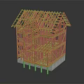 Wooden Frame House Construction With Structural Beams Columns And Concrete Base 3d model