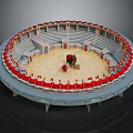 Traditional Circular Bullring With Seating Areas Red Decorations And Central Fighting Arena
