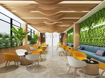 Hotel Public Lounge Interior With Wooden Wavy Ceiling Green Living Wall And Yellow White Chairs 3d model