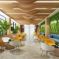 Hotel Public Lounge Interior With Wooden Wavy Ceiling Green Living Wall And Yellow White Chairs