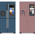 Modern Blue and Pink Refrigerators with Smart Display Water Dispenser and Ice Maker
