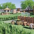 Happy Farm Natural Scenery With Green Grass Crops Trees Wooden Fence Stone Pavilion And Mountains