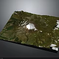 Detailed 3D Terrain Model Showcasing Volcanic Mountain Peak With Snow Covered Summit And Green Vegetation