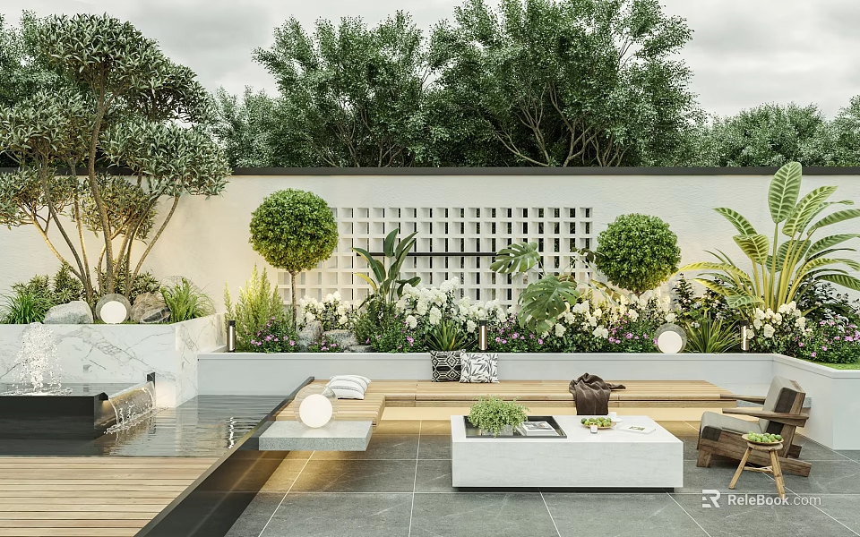 Modern Garden With Lush Greenery Lattice Wall Seating Area White Coffee Table And Stone Floor 3d model 
