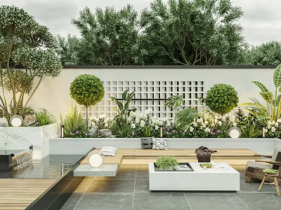 Modern Garden With Lush Greenery Lattice Wall Seating Area White Coffee Table And Stone Floor 3d model