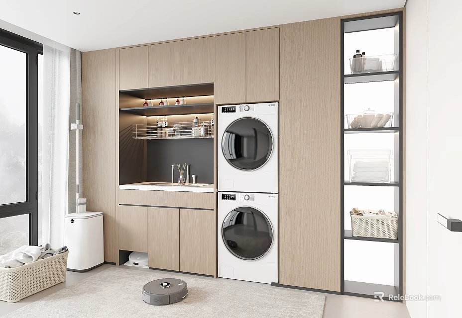 Modern Laundry Room Interior With Stacked Washer Dryer And Storage Cabinets 3d model 