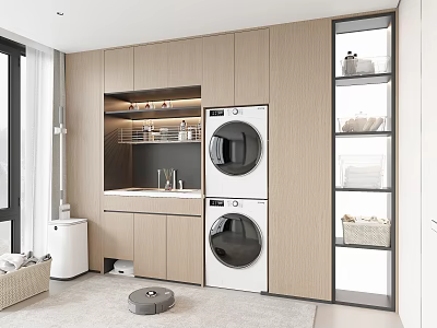 Modern Laundry Room Interior With Stacked Washer Dryer And Storage Cabinets 3d model