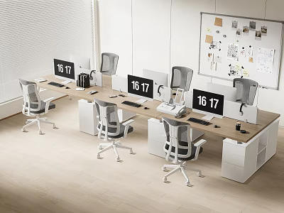 Modern Office Desk Setup With Multiple Workstations Ergonomic Chairs Computer Monitors And Whiteboard Notes 3d model
