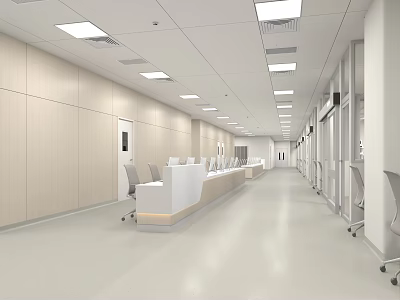 Modern White Corridor With Workstations Ceiling Lights And Ergonomic Chairs 3d model