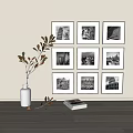 Nine Framed Black And White Architectural Photos On Wall With Vase Plant And Book