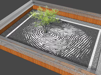 Stylish Courtyard Garden Design With Central Tree Fingerprint Pattern Wooden Borders And Black Gravel Surface 3d model