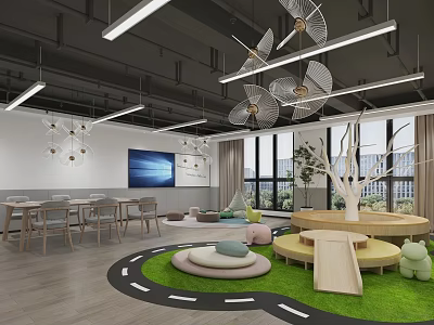 Indoor Children's Play Space With Green Grassy Floor Colorful Cushions And Wooden Structures 3d model