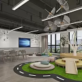 Indoor Children's Play Space With Green Grassy Floor Colorful Cushions And Wooden Structures