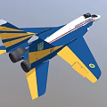 Pakistan Air Force Fighter Jet Flying With Blue Yellow White Livery Against Clear Sky Background