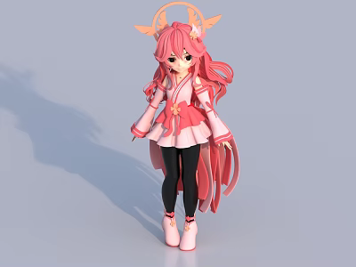 Game Character With Pink Long Hair Antler Decorations Traditional Outfit Black Leggings And Flowing Ribbons 3d model