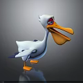 Cartoon Pelican With White Body Blue Wings Large Yellow Beak Orange Feet And Red Eyes