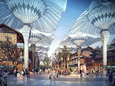 Bustling Commercial Street With Umbrella Shaped Canopies Traditional Architecture Modern Design And Pedestrians 3d model