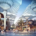 Bustling Commercial Street With Umbrella Shaped Canopies Traditional Architecture Modern Design And Pedestrians
