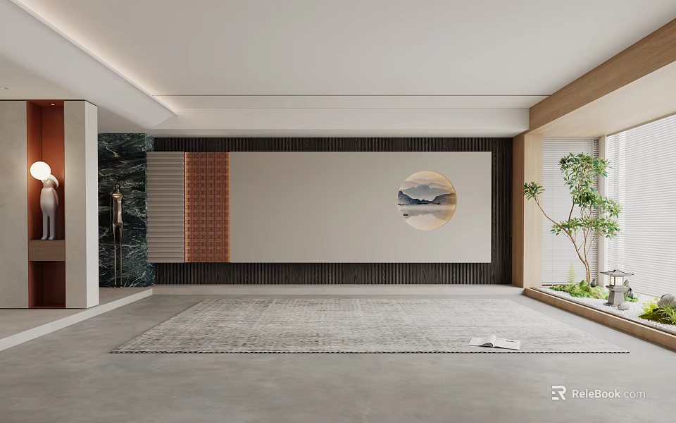 Modern Living Room Interior Design With Circular Mountain Landscape Painting Large Windows And Green Plant 3d model 